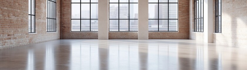 Poster - Large, empty loft-style room features high ceilings, exposed brick walls, and polished concrete floor. Cityscape is softly visible outside through large windows, creating an urban aesthetic