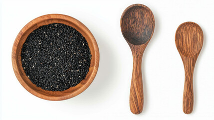 Poster - Realistic black sesame seeds in wooden bowls and spoons for culinary and design usage