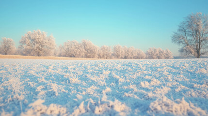 Poster - Serene winter landscape with snow-covered trees and frosty field under blue sky