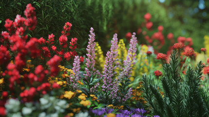 Poster - Vibrant flower garden in full bloom: nature's colorful display in a serene setting