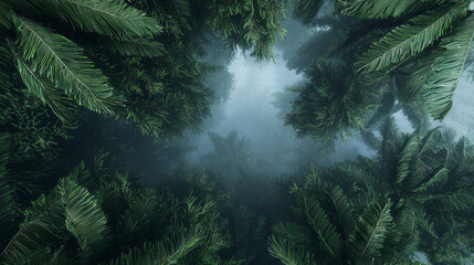 Aufkleber - Tranquil foggy forest top view highlighting lush greenery and serenity