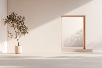 Poster - Soft beige walls and light tatami flooring create a calm atmosphere in this spacious room. A wooden doorway frames a blurred garden view, inviting tranquility and focus