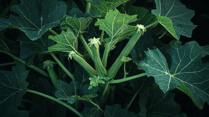 Poster - Lush green okra plant with leaves in natural garden setting