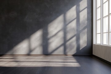 Poster - This modern empty room features deep charcoal walls and a matte black floor, illuminated by soft natural light. The shadows create a bold atmosphere suitable for high-end showcases
