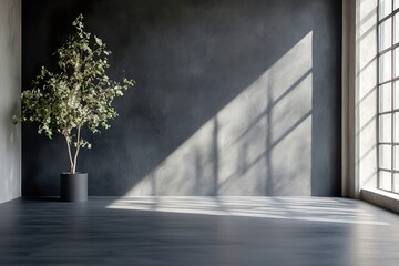 Poster - A spacious room features deep charcoal walls and a matte black wooden floor, illuminated by soft natural light. Shadows enhance the dramatic ambiance, ideal for luxury branding