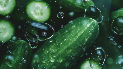 Poster - Fresh green cucumbers with water droplets for natural and refreshing design