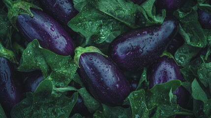 Aufkleber - Fresh eggplants with dew drops in lush green leaves, perfect for culinary and garden design