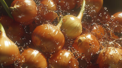 Poster - Fresh onions in water - culinary ingredient highlight for cooking and design