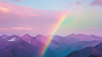 Poster - Majestic rainbow arching over serene mountain peaks at dusk for nature design