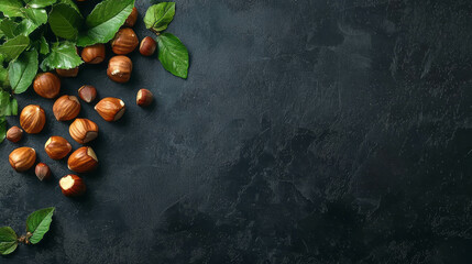 Aufkleber - Realistic roasted hazelnuts with green leaves on dark background for culinary design