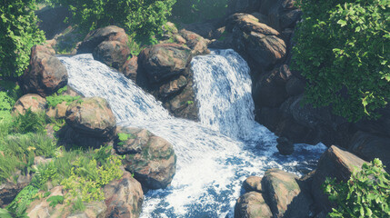 Aufkleber - Majestic rocky waterfall surrounded by lush greenery from top view