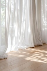 Poster - Soft white curtains sway gently in a tranquil space as golden sunlight streams through, illuminating a smooth wooden floor and creating a peaceful atmosphere
