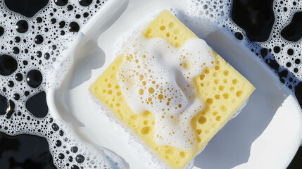 Poster - Realistic sponge with soap suds for cleaning and hygiene concepts