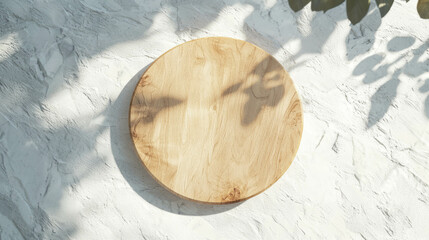 Poster - Minimalist wooden round board display on sunlit stone wall