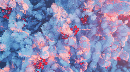 Poster - Winter wonderland: snow-covered branches with red berries in soft light