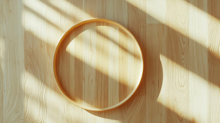 Poster - Elegant wooden plate tray in sunlight on wooden floor for rustic home decor
