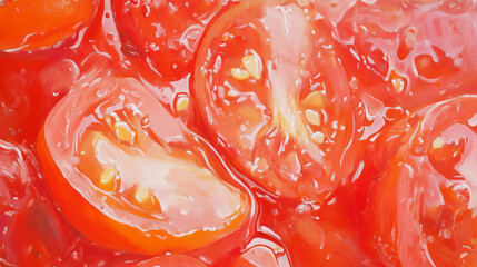 Poster - Vivid close-up of juicy tomato slices in salsa sauce - perfect for culinary design