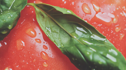 Poster - Vibrant close-up of fresh basil leaves on tomato puree with water droplets