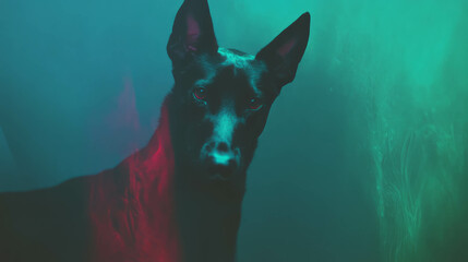 Aufkleber - Mysterious dog in colorful chaos with abstract lighting for creative design