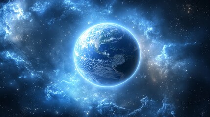 Wall Mural - planet earth in vibrant blue nebula, awe-inspiring space exploration and cosmic beauty concept.