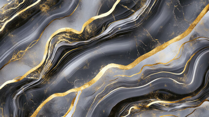 Poster - Elegant obsidian texture with flowing lines and chaotic gold accents for design