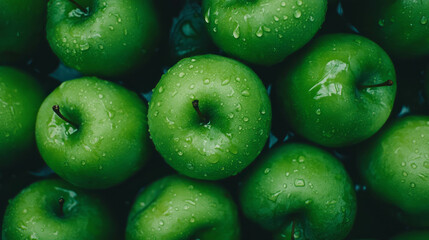 Poster - Fresh green apples with water droplets top view textured background for organic produce design
