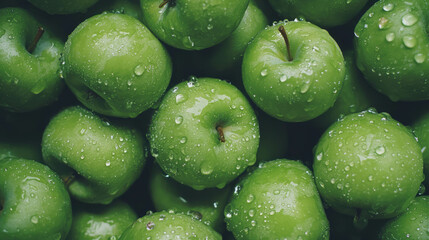 Poster - Fresh green apples with water droplets from overhead view for nature and food-themed designs