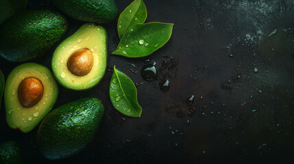 Poster - Fresh avocado texture with sliced view and leaves on dark background