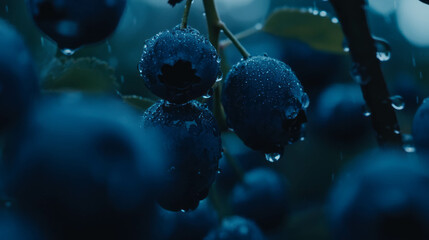 Poster - Close-up of fresh blueberries with water droplets in natural light