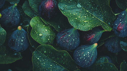 Poster - Fresh figs and leaves with water droplets in a vibrant overhead composition