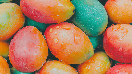 Poster - Colorful overhead shot of fresh mangoes with water droplets for food and summer design