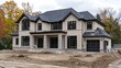 © yong - A large, two-story house with dark windows and beige walls is being built in the suburbs of Toronto on top of land that has been turned into dirt by heavy construction equipment.