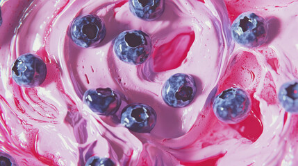 Poster - Overhead shot of blueberries on swirled pink cream texture for food design