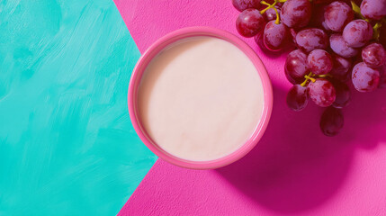 Aufkleber - Overhead view of fresh grapes with yogurt on colorful background for food promotion