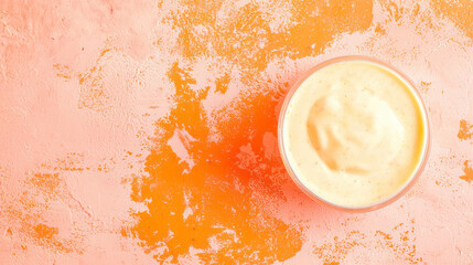 Poster - Overhead view of vibrant orange texture with bowl on textured surface