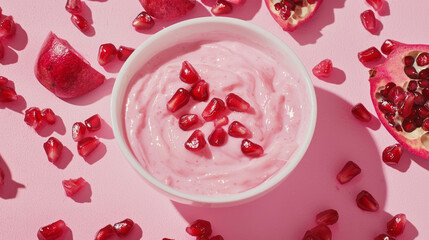 Poster - Pomegranate yogurt bowl on pink background for healthy eating concepts