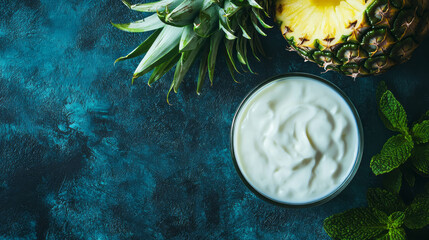 Aufkleber - Overhead view of pineapple with creamy yogurt on textured blue surface