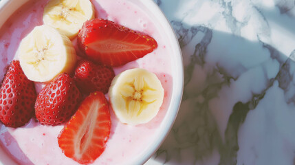 Aufkleber - Fresh strawberries and bananas on yogurt bowl for a delicious breakfast