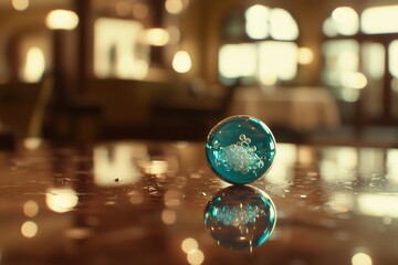 Poster - An intriguing blue glass sphere with delicate bubbles rests on a glossy table, creating a captivating reflection with a softly blurred background.