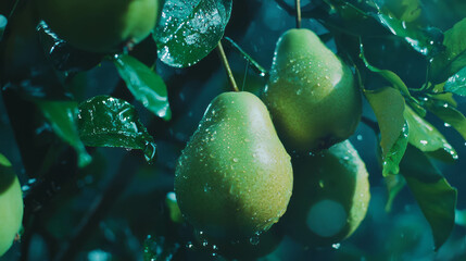 Poster - Moody overhead composition of pears with water droplets on leaves