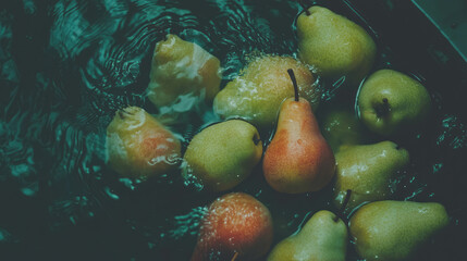 Aufkleber - Fresh pears floating on water surface with textured background for creative design