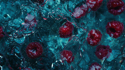 Poster - Vibrant overhead texture of fresh raspberries on blue background