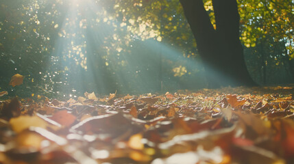 Poster - Autumn forest serenity with colorful leaves and sunlight rays