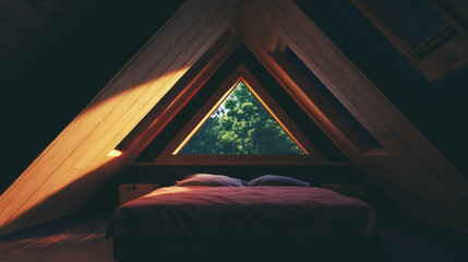 Poster - Minimal aesthetic attic bedroom with geometric design and natural light