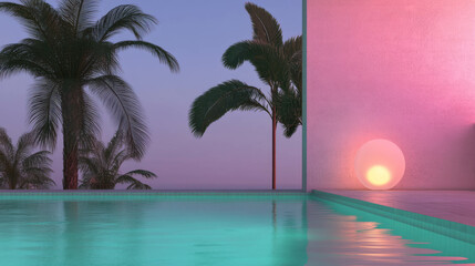 Aufkleber - Minimal aesthetic of poolside chaos with palm trees at sunset