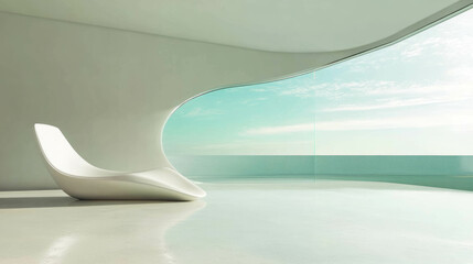 Poster - Minimalistic futuristic room with serene ocean view for modern interior design inspiration
