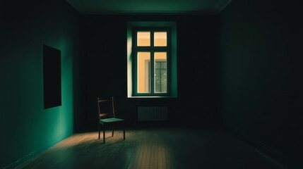 Poster - Minimalistic room with wooden chair and soft shadow lighting