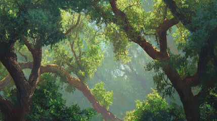Poster - Enchanting old growth forest with chaotic tree canopy in sunlit serenity