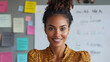 © Arty&Happy - Woman smiling confidently during creative team meeting female leader empowering coworkers in bright office