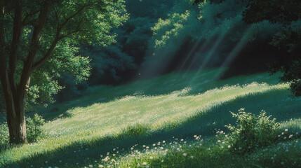 Poster - Serene forest scene with speckled sunlight filtering through lush green trees
